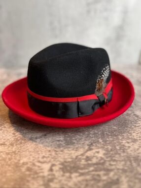 Bruno Capello Australian Wool Fedora with Red Brim and Feather Accent